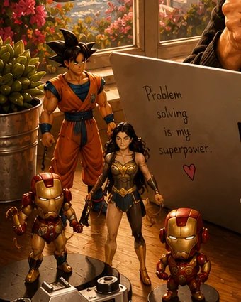 Piccole action figure sulla scrivania: Goku, Wonder Woman e due Iron Man accanto a una macchina fotografica