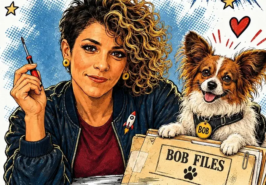 Illustrazione di Cinzia con un cacciavite e Bob appoggiato al fascicolo dei Bob Files